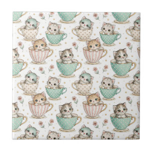 Cute Kittens in Teacups - Kids Cat Design Pattern Ceramic Tile