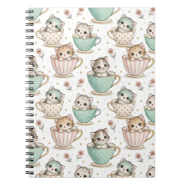 Cute Kittens in Teacups - Kids Cat Design Pattern Notebook (Front)