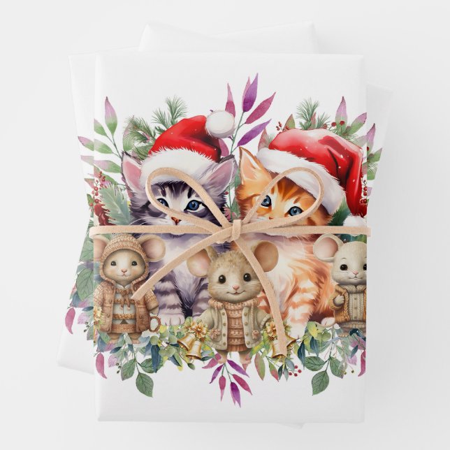 Cute Kittens, Mice & Puppies Floral Christmas  Wrapping Paper Sheets (In situ)