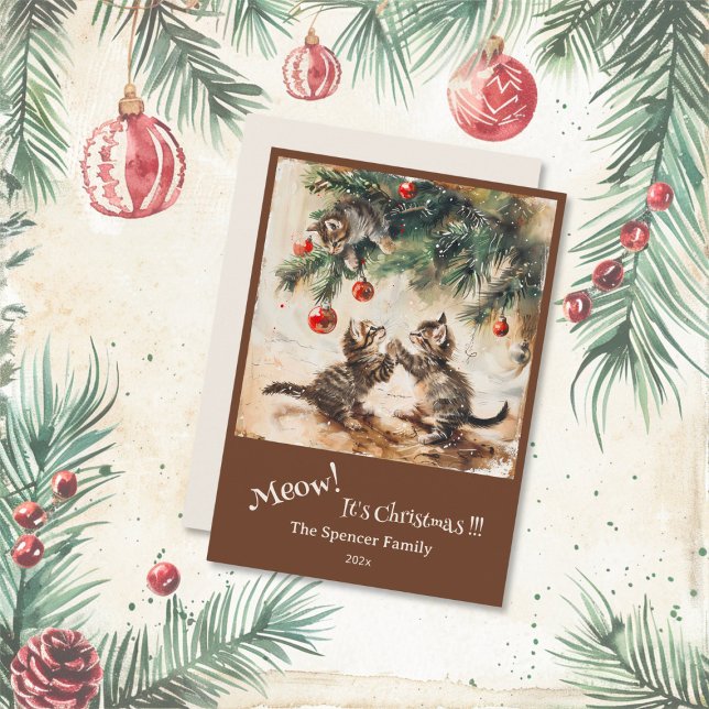 Cute Kittens on Christmas Tree Holiday Card (Cute Kittens Christmas Tree Flat Card)