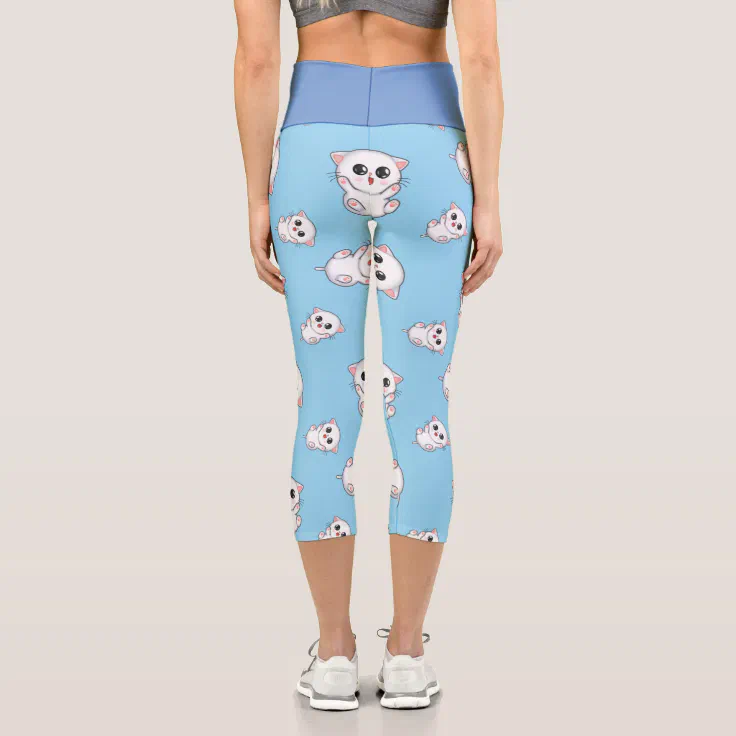 Cute kittens pattern, light blue, cats themed capri leggings Zazzle