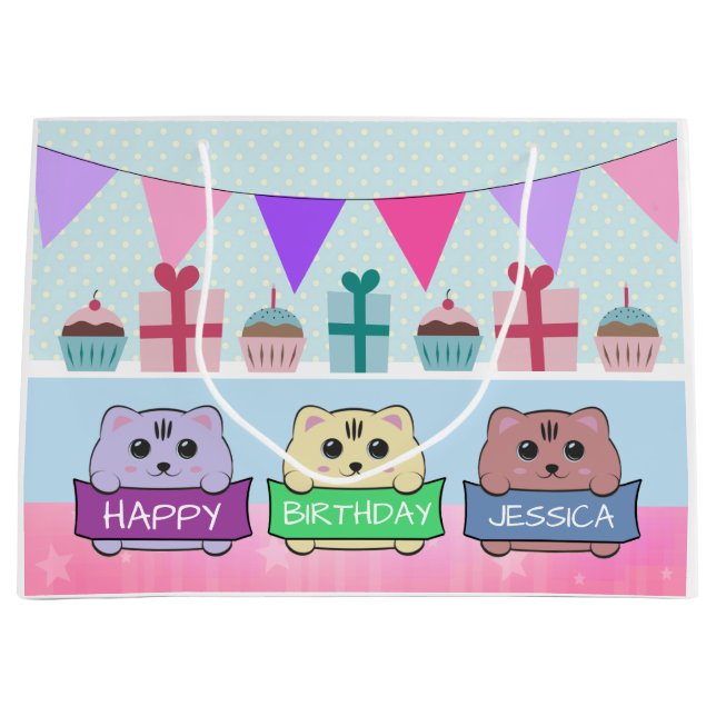 Cute Kittens Personalised Happy Birthday Large Gift Bag (Front)