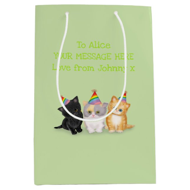 Cute kittens personalized green birthday gift bag (Front)