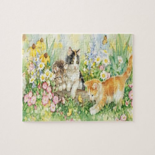 Cute Kittens Playing In A Flower Garden Jigsaw Puzzle