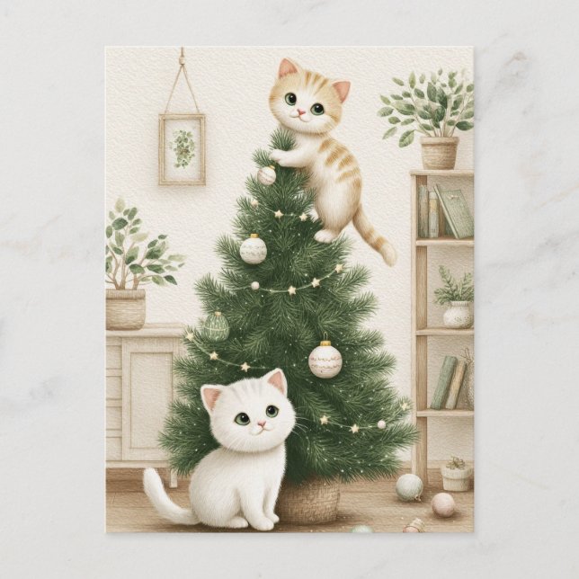 Cute Kittens Playing with Christmas Tree  Holiday Postcard (Front)
