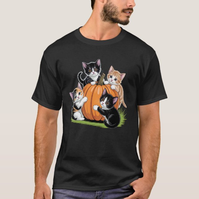 Cute Kittens Playing With Pumpkin Fall Aesthetic F T-Shirt (Front)