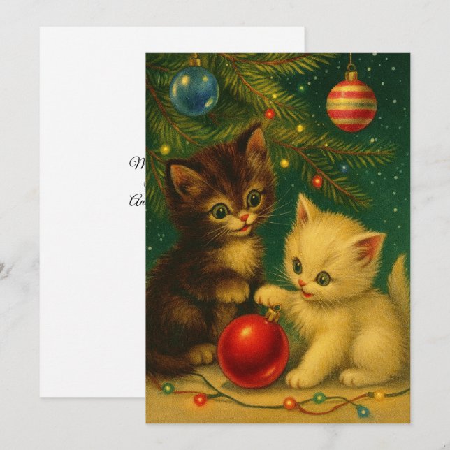 Cute Kittens Under Christmas Tree Retro Holiday Card (Front/Back)