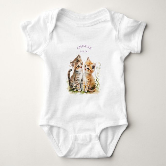 Cute Kittens Watercolor Flowers Baby Bodysuit (Front)