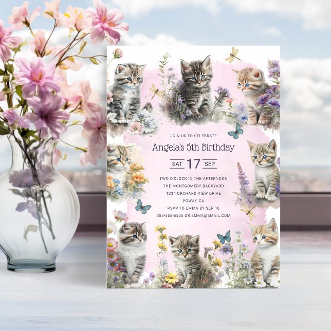 Cute Kittens Wildflowers Custom 5th Birthday Party Invitation (Cute Kittens Wildflowers Personalized 5th Birthday Party Invitation)