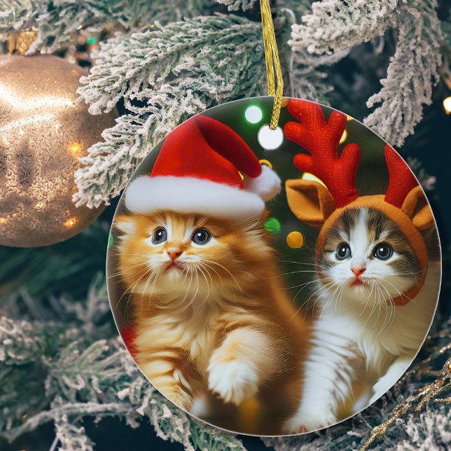 Cute kittens with Santa Claus and reindeer hats Ceramic Ornament (Creator Uploaded)