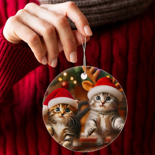 Cute kittens with Santa Claus and reindeer hats Ceramic Ornament