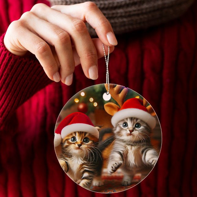 Cute kittens with Santa Claus and reindeer hats Ceramic Ornament (Creator Uploaded)