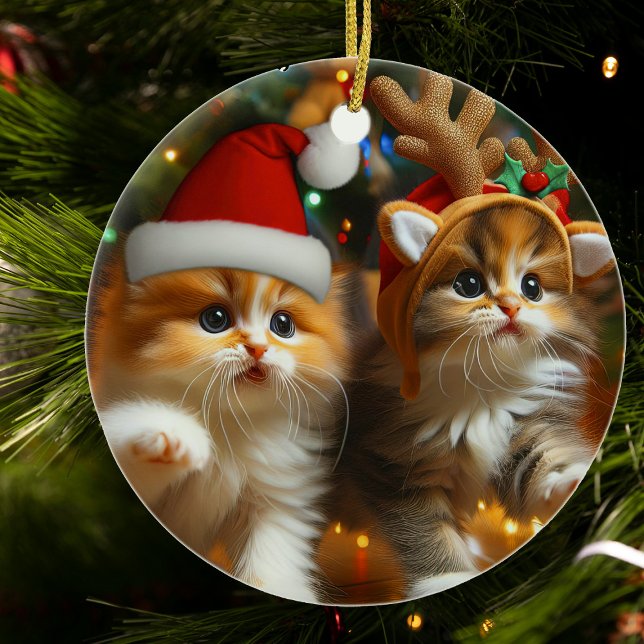 Cute kittens with Santa Claus and reindeer hats Ceramic Ornament (Creator Uploaded)