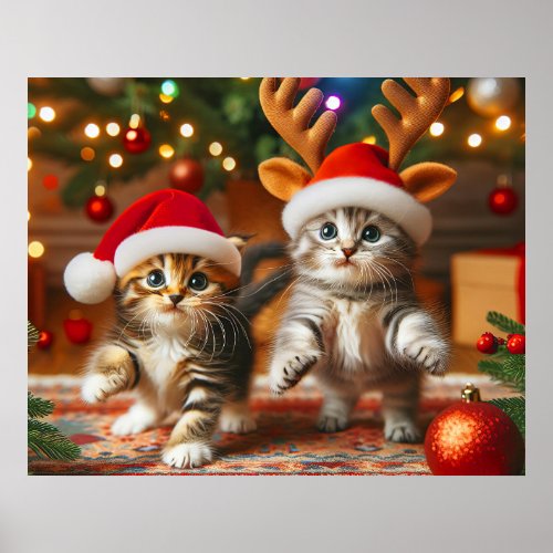 Cute kittens with Santa Claus and reindeer hats Poster