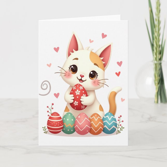 Cute Kitty And Eggs Spring Card (Front)