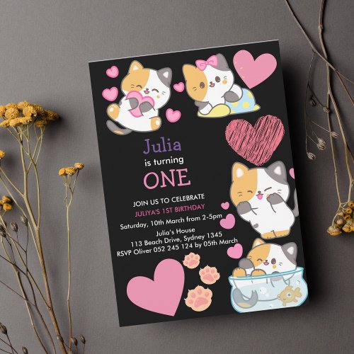  Cute kitty baby girl 1st birthday black Invitation