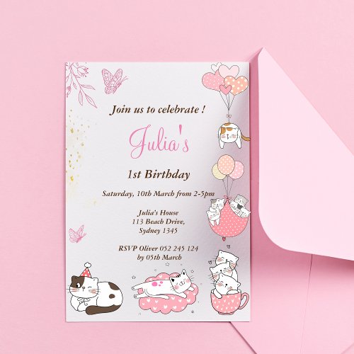 Cute kitty baby girl 1st birthday  invitation