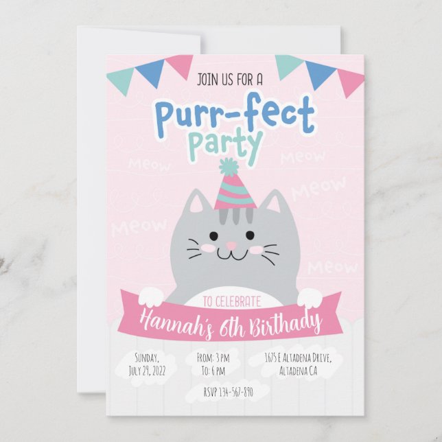 Cute kitty birthday party invitations (Front)