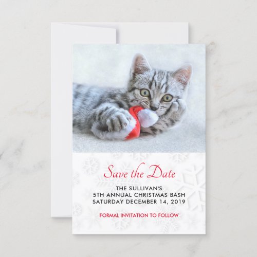 Cute Kitty Biting a Red Santa Hat Save the Date