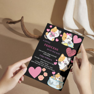 Cute kitty black and pink baby shower invitation