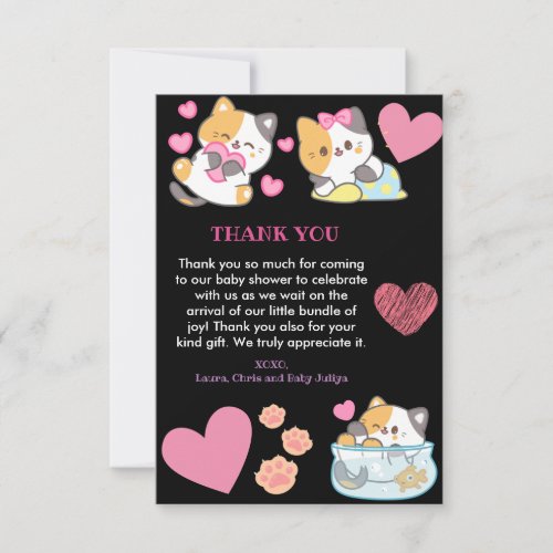 Cute kitty black and pink  baby shower thank you card