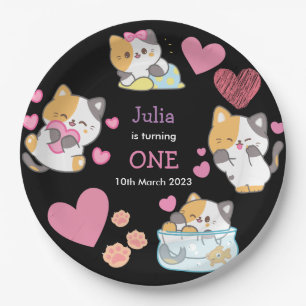 cute kitty black kids birthday paper plate