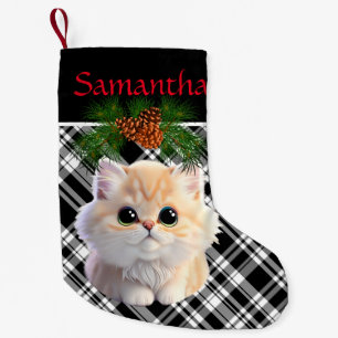 Cute Kitty black white plaid with pine cone Small Christmas Stocking