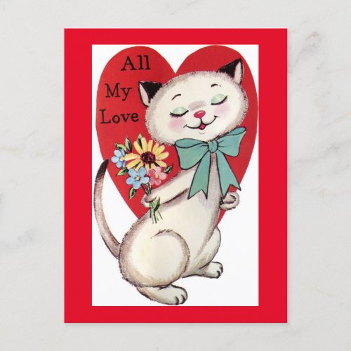 Cute Kitty Brings Love  Flowers Vintage Valentine Postcard