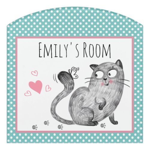 Cute Kitty Butterfly Polka Dots Hearts Door Sign