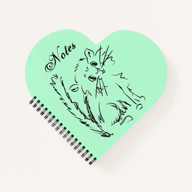 Cute Kitty Cartoon Green Heart Shaped Spiral Notebook (Front)