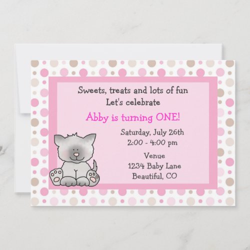 Cute Kitty Cat 1st Birthday Invitation for Girls