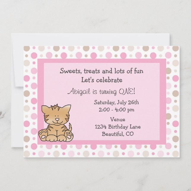 Cute Kitty Cat 1st Birthday Invitation for Girls (Front)