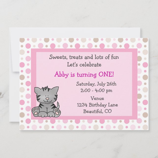 Cute Kitty Cat 1st Birthday Invitation for Girls (Front)