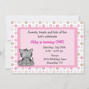 Cute Kitty Cat 1st Birthday Invitation for Girls