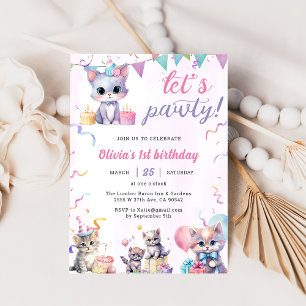 Cute Kitty Cat 1st Birthday Party  Invitation