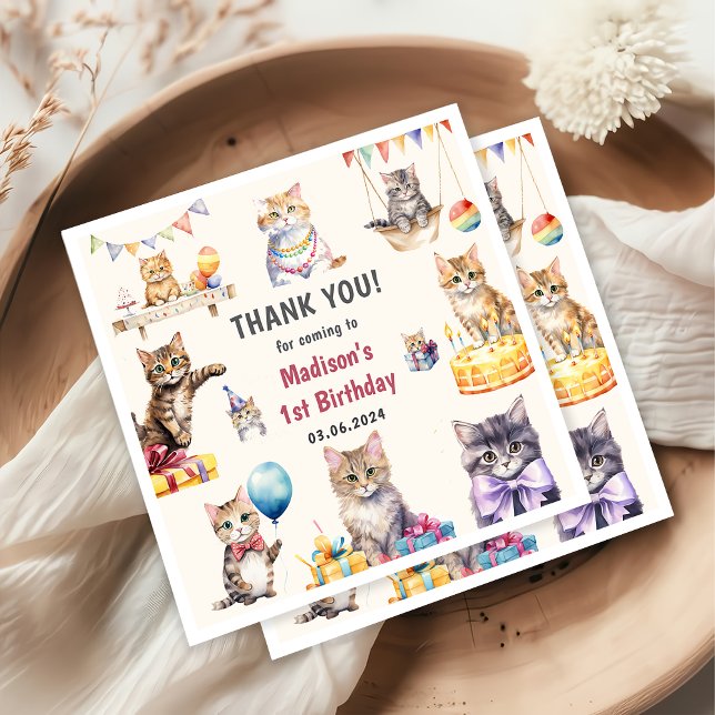 Cute Kitty Cat 1st Birthday Party Napkins (Creator Uploaded)