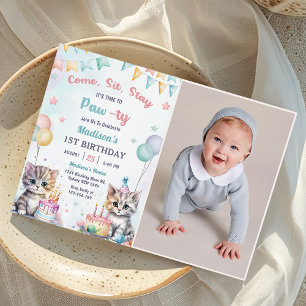 Cute Kitty Cat 1st Birthday Party Photo  Invitation