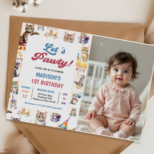 Cute Kitty Cat 1st Birthday Party Photo Invitation