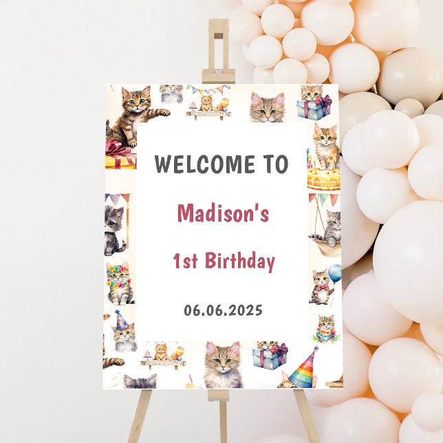 Cute Kitty Cat 1st Birthday Welcome Sign (Creator Uploaded)