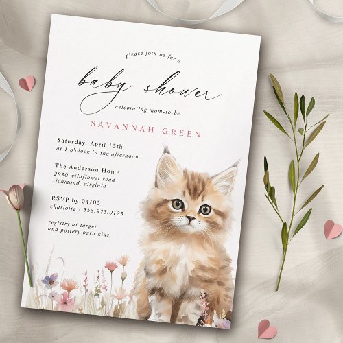 Cute Kitty Cat  Airy Floral Spring Baby Shower Invitation