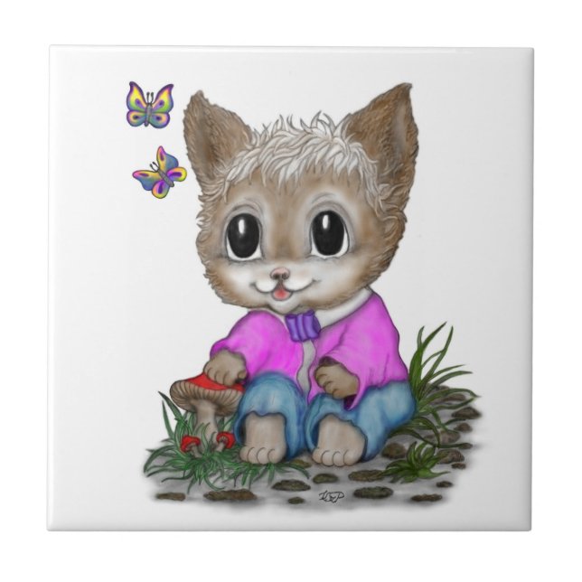Cute Kitty Cat and Butterfly Ceramic Tile (Front)