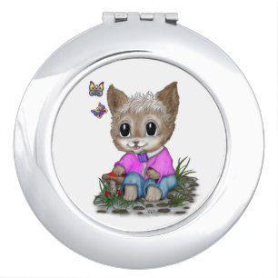 Cute Kitty Cat and Butterfly Compact Mirror