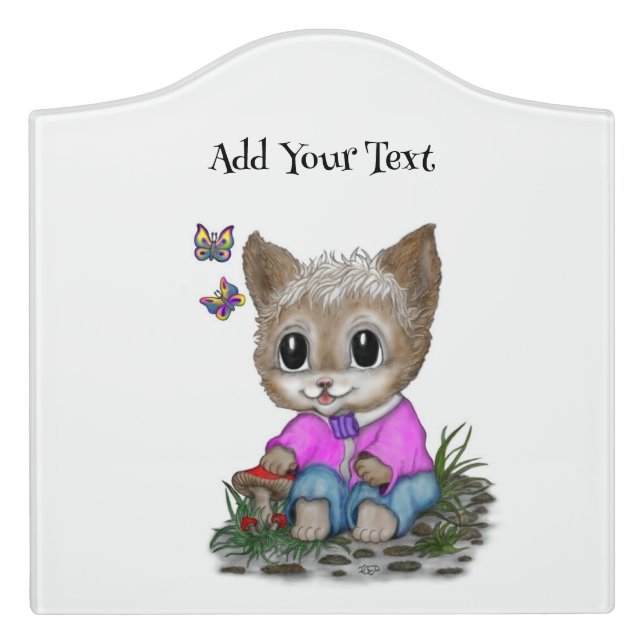 Cute Kitty Cat and Butterfly Door Sign (Large Crest Front)