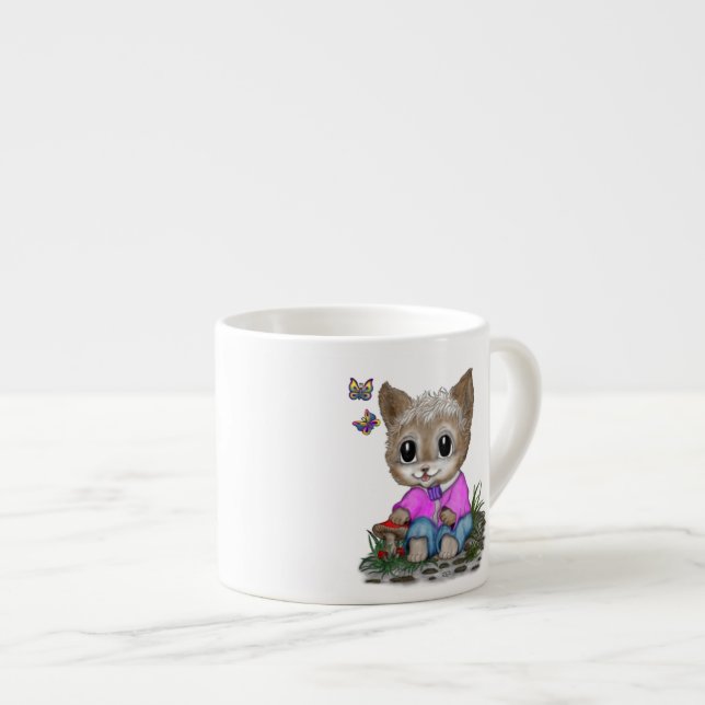 Cute Kitty Cat and Butterfly Espresso Cup (Front Right)