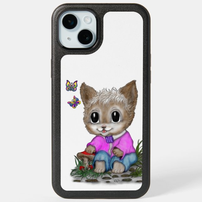 Cute Kitty Cat and Butterfly iPhone 15 Plus Case (Back)