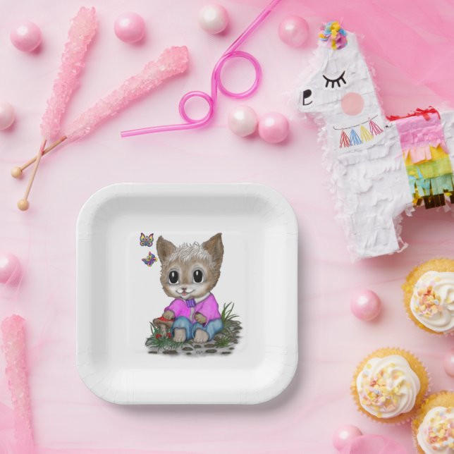 Cute Kitty Cat and Butterfly Paper Plates (Party)
