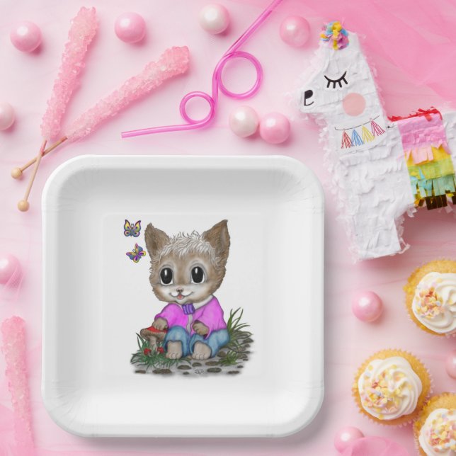 Cute Kitty Cat and Butterfly Paper Plates (Party)