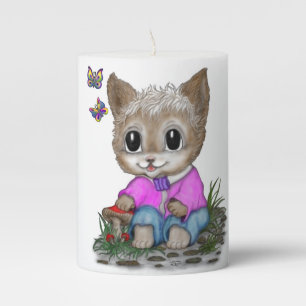 Cute Kitty Cat and Butterfly Pillar Candle