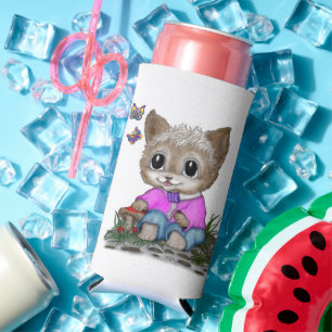 Cute Kitty Cat and Butterfly Seltzer Can Cooler
