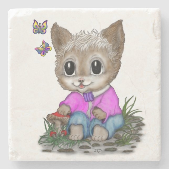 Cute Kitty Cat and Butterfly Stone Coaster (Front)